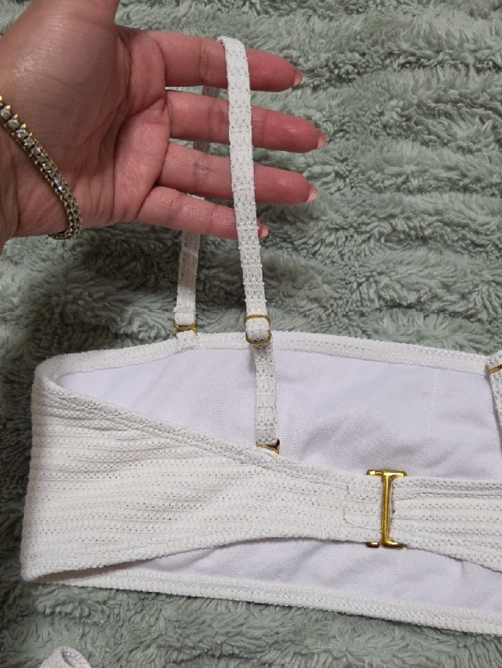 Women's White Textured Bandeau Bikini Set with Ring Accents - Picture 7 of 8